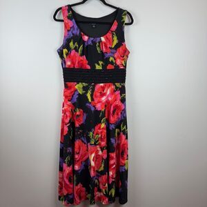 Perception Midi Floral Dress Women 10 Black Red Rose Sleeveless Beaded Bloomcore